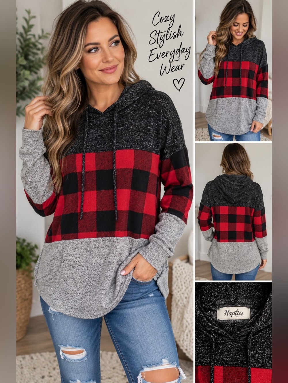 Haptics women's large red plaid hooded top #27